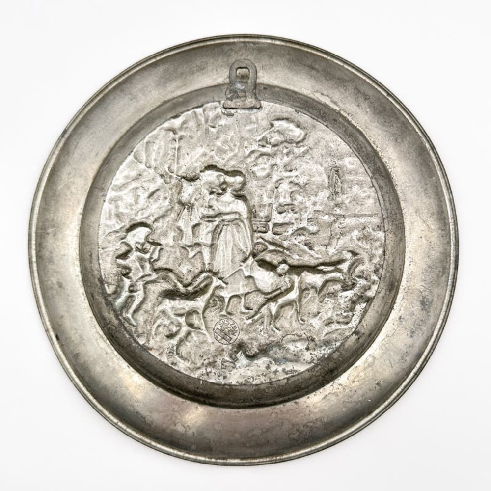 Antique SKS Zinn Hanging Plate 95% Pewter Rare Germany Farming Sheppard Scene - Picture 8 of 13